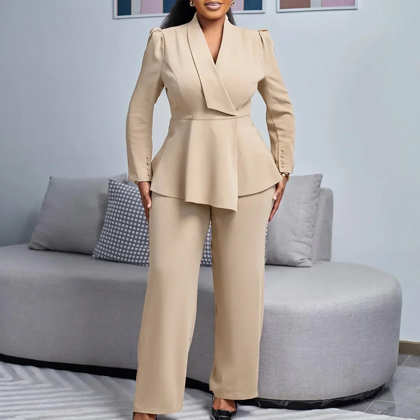 Women’s Formal Suit Set Tailored Long Blazer & Wide-Leg Trousers
