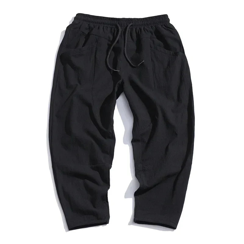 Men's Casual Breathable Cropped Pants with Adjustable Drawstring Waist