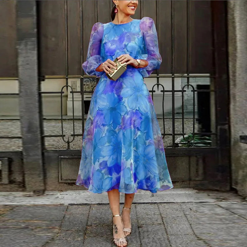 Women’s Exquisite Floral Long Sleeve Flowy Midi Wedding Guest Dress