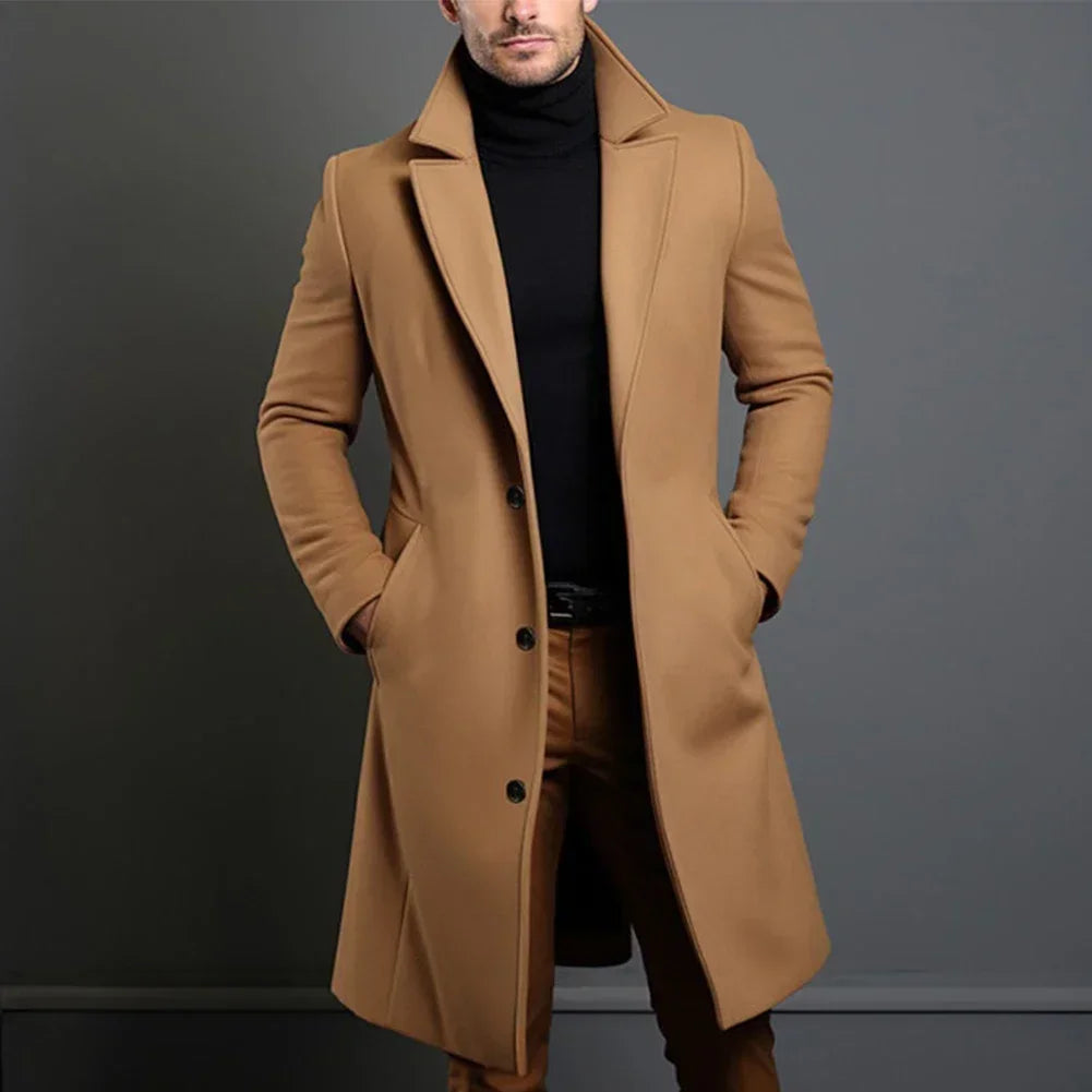 Men’s Classic Formal Long Overcoat with Convenient Pocket