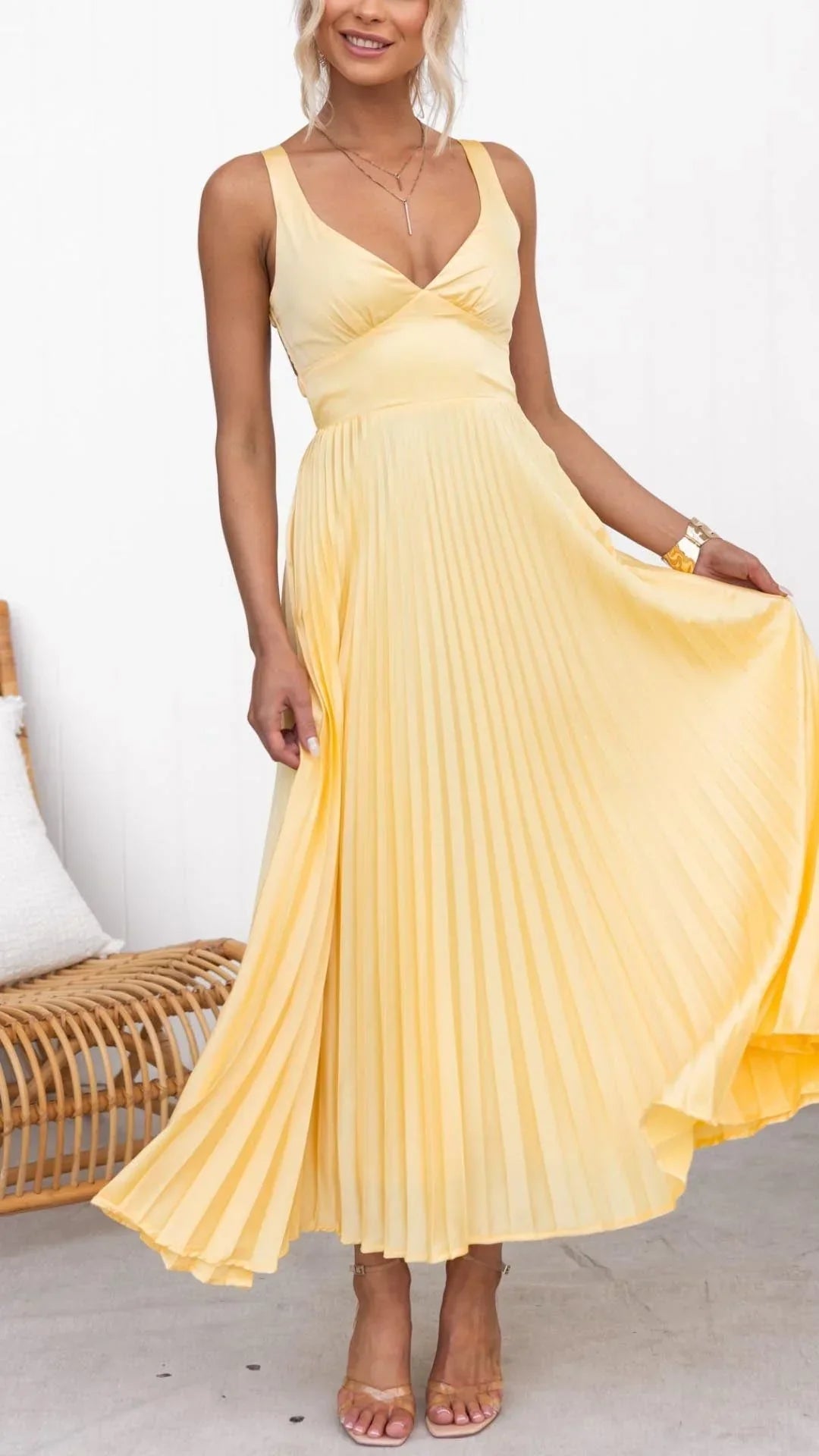 Women's Flowing Yellow Pleated V-Neck Maxi Dress with Adjustable Crossover Back Straps