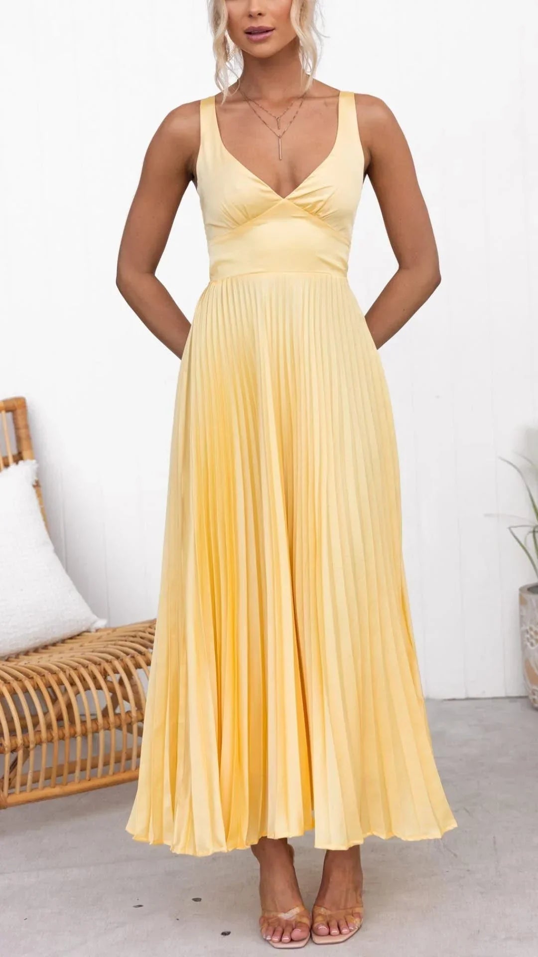 Women's Flowing Yellow Pleated V-Neck Maxi Dress with Adjustable Crossover Back Straps