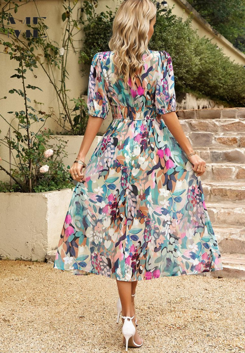 Women's Fashion Summer Floral Print Midi Dress with Puff Sleeves