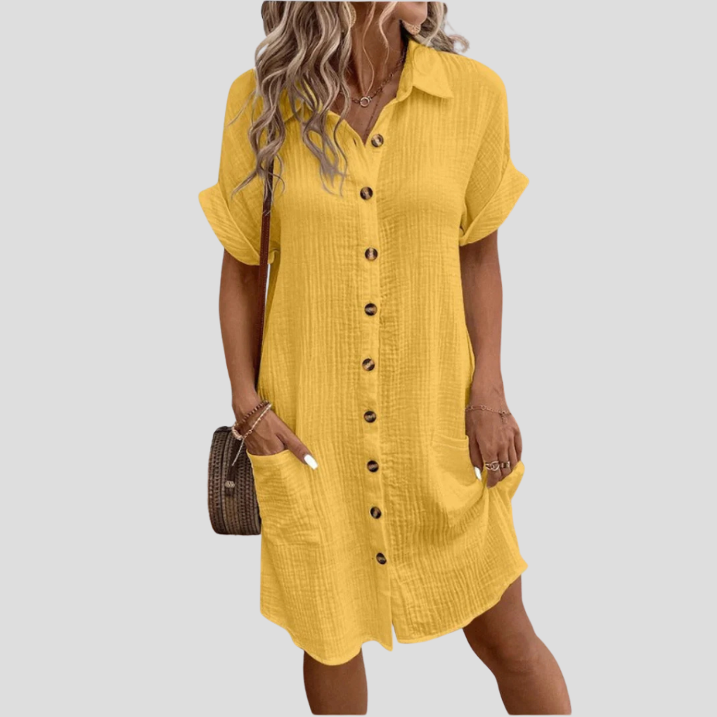 Women’s Traditional Long Subtle Waist Shirt Dress with Button Front and Classic Collar