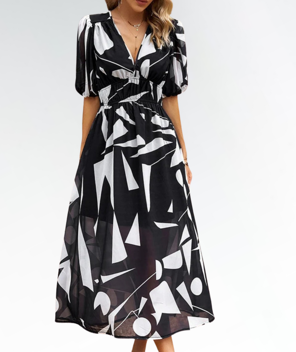  Women's Midi Dress - A -Line Fit - V -NECK - Puff Sleeves - Abstract Pattern - Flowy-1