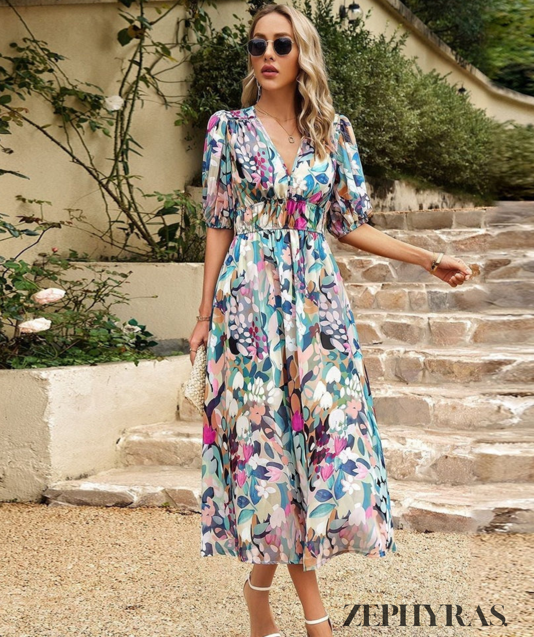  Women's Midi Dress - A -Line Fit - V -NECK - Puff Sleeves - Abstract Pattern - Flowy-5