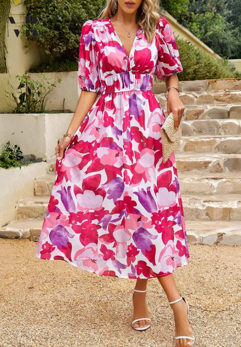 Women's Fashion Summer Floral Print Midi Dress with Puff Sleeves