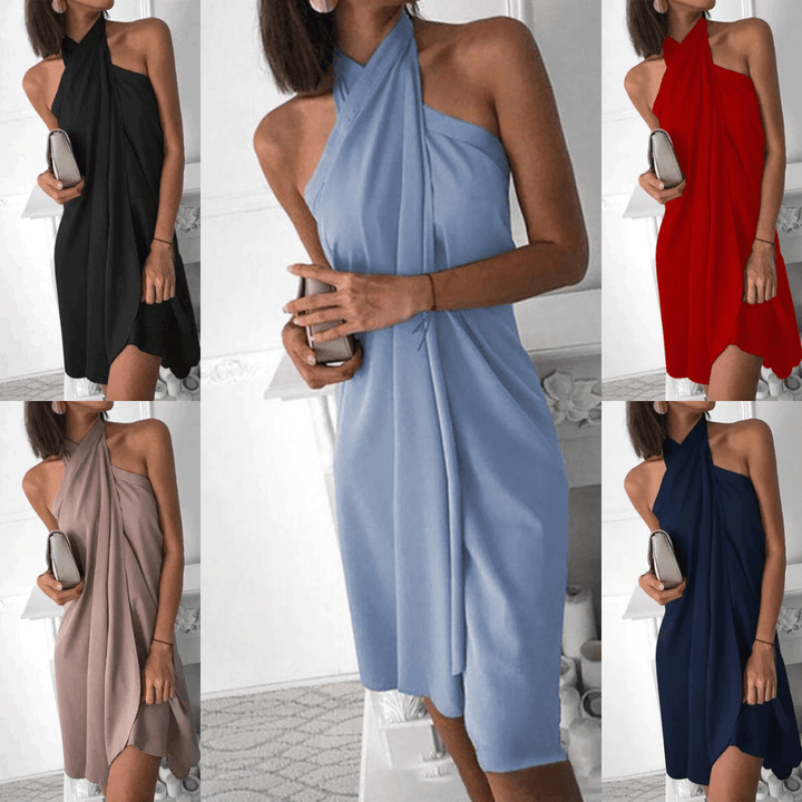Women's Satin Draped Halter Neck Mini Dress-6