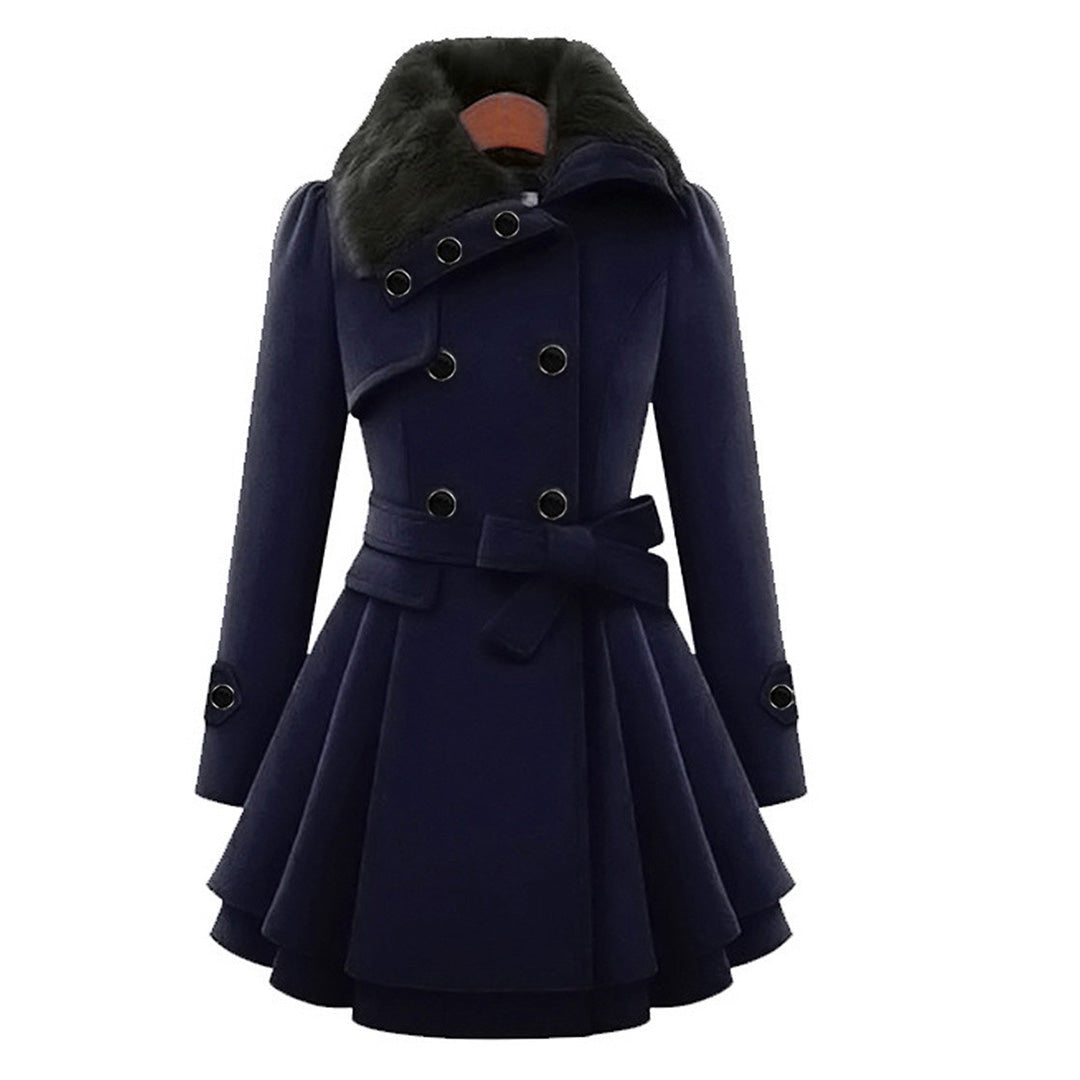 Women’s Long Coat Double-Breasted Design with Belted Waist