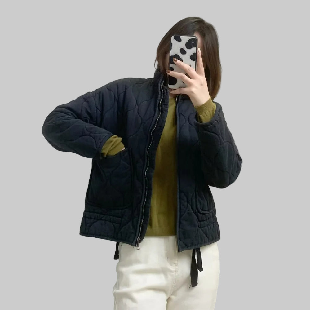 Women’s Quilted Puffer Jacket Wave Stitching with Drawstring Hem