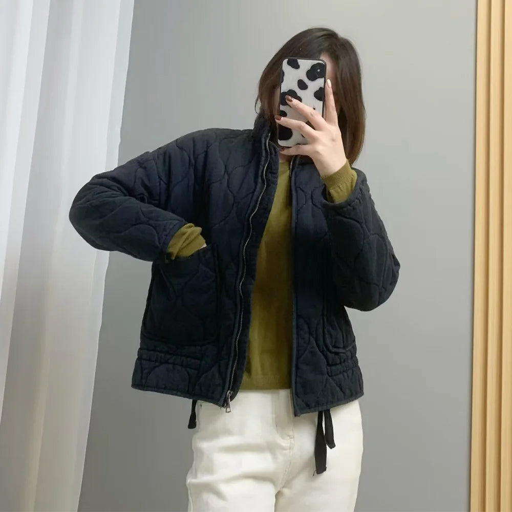 Women’s Quilted Puffer Jacket Wave Stitching with Drawstring Hem