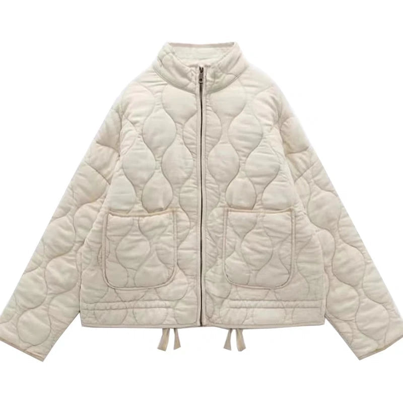 Women’s Quilted Puffer Jacket Wave Stitching with Drawstring Hem