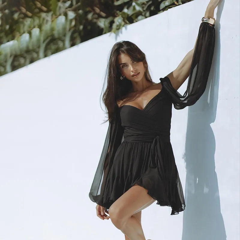 Women's Elegant Long Sleeve Puff Shoulder Mini Summer Dresses