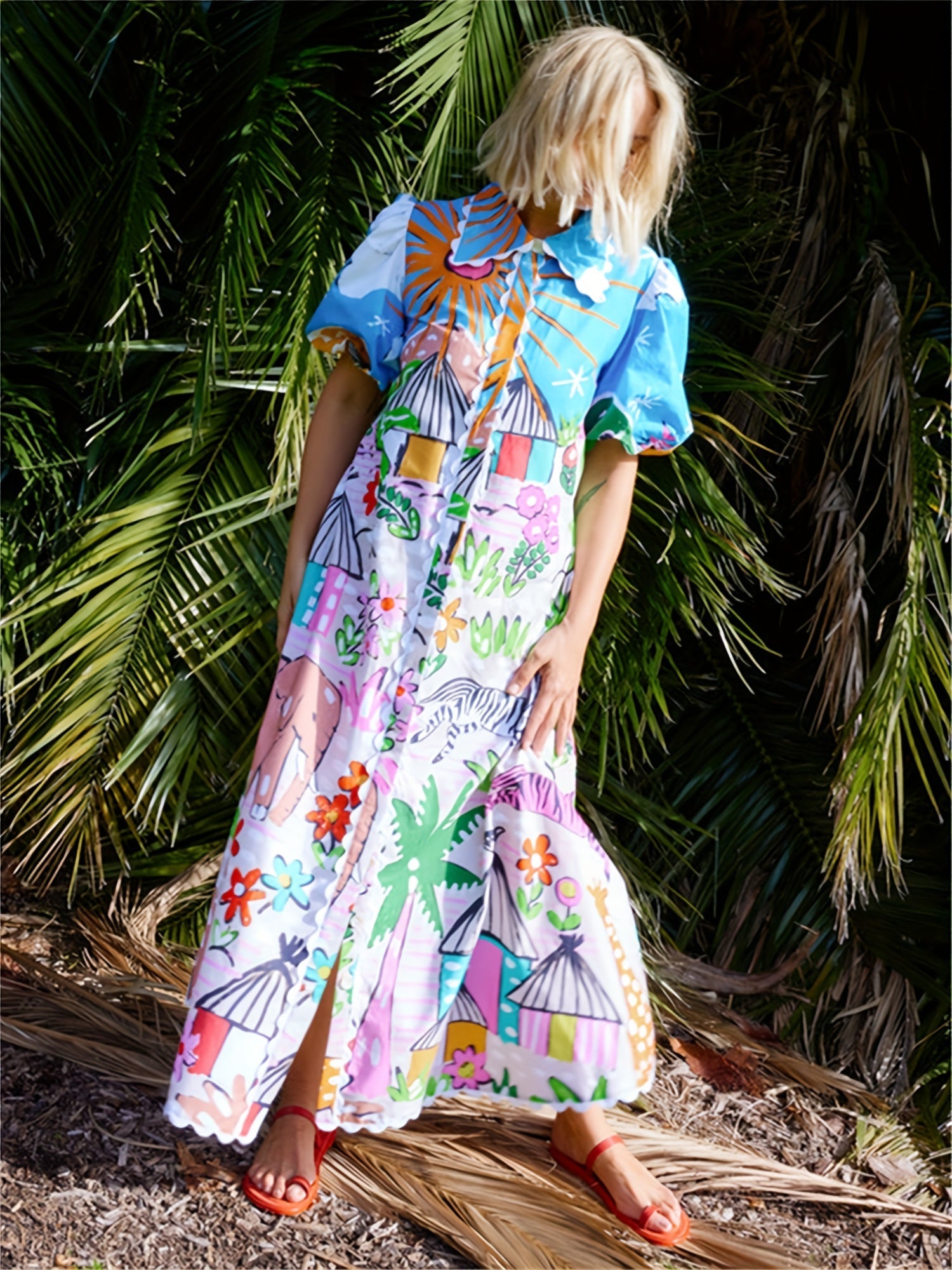 Women's Chic Transitional Midi Summer Dress with Tropical-inspired Prints