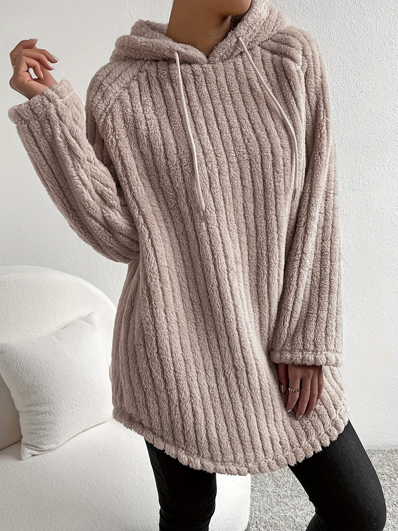 Women's Modern Soft Teddy Style Hoodie –  with Long Sleeves and Curved Hem