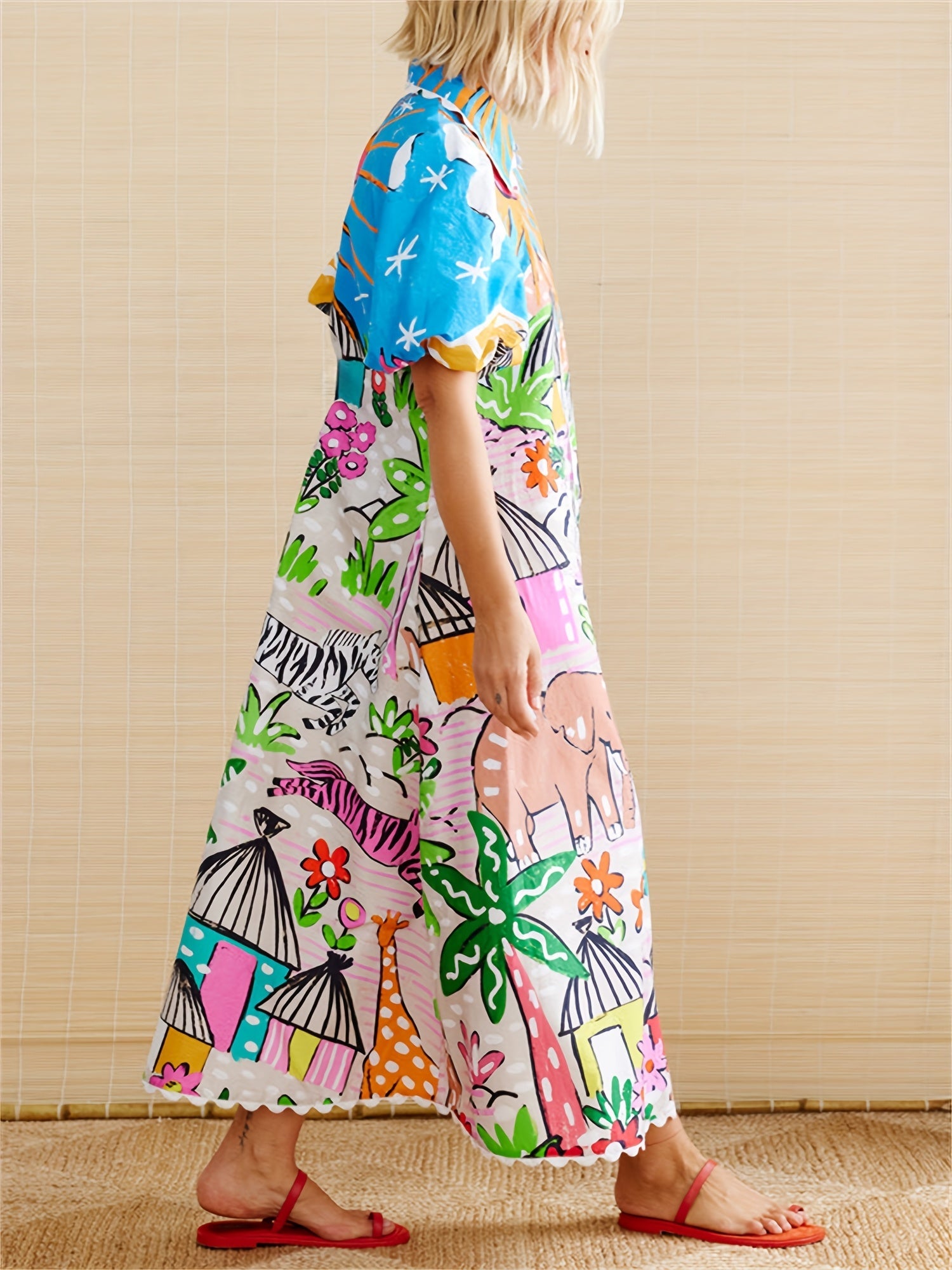 Women's Chic Transitional Midi Summer Dress with Tropical-inspired Prints