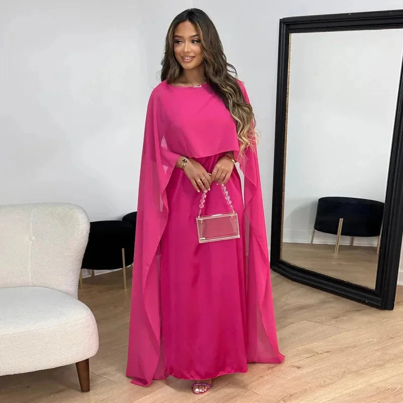 Women's Elegant Cape Maxi Length Wedding Guest Dress