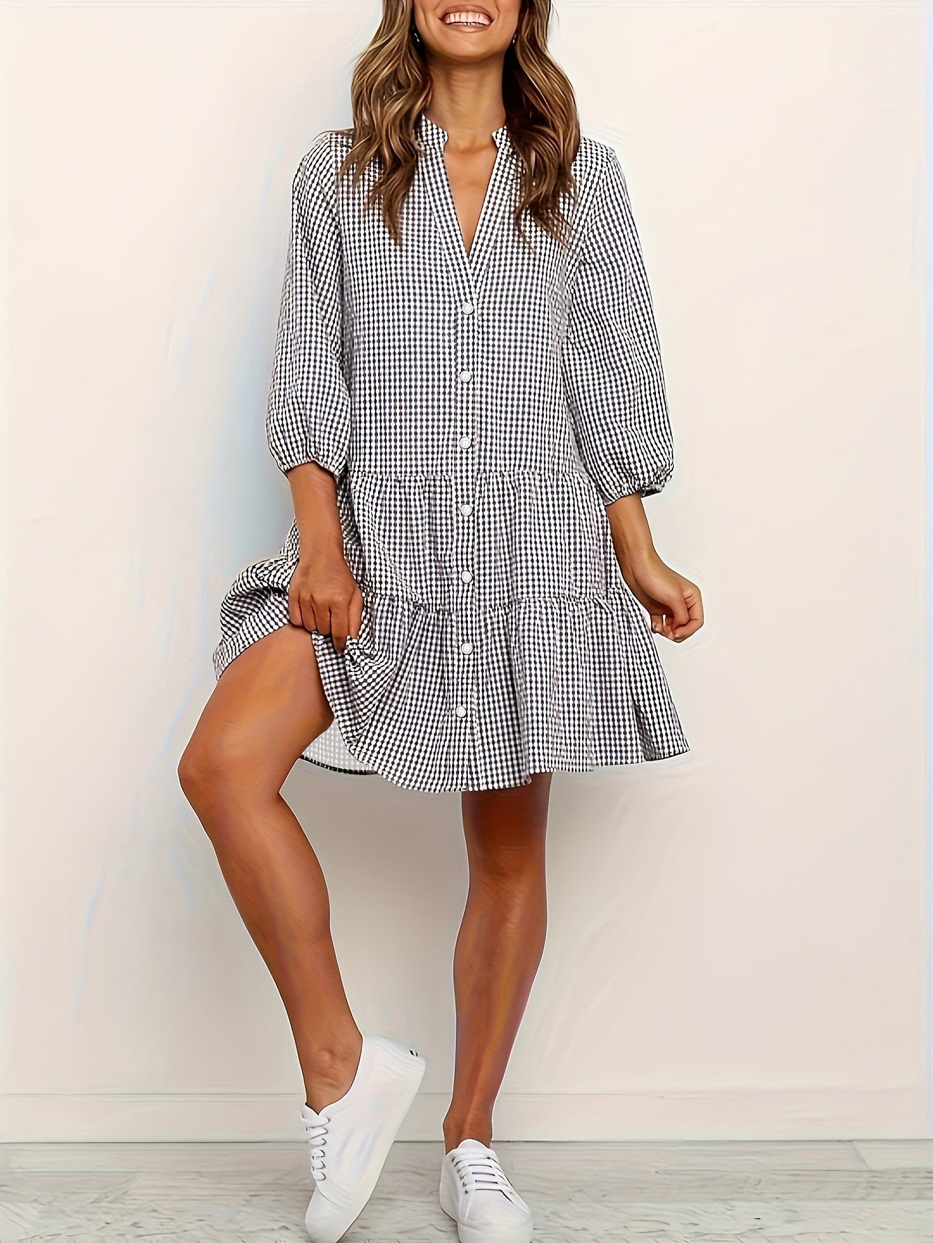 Trendy Airy Collar Striped Summer Dress with 3/4 puffed Sleeves for Summer Getaway