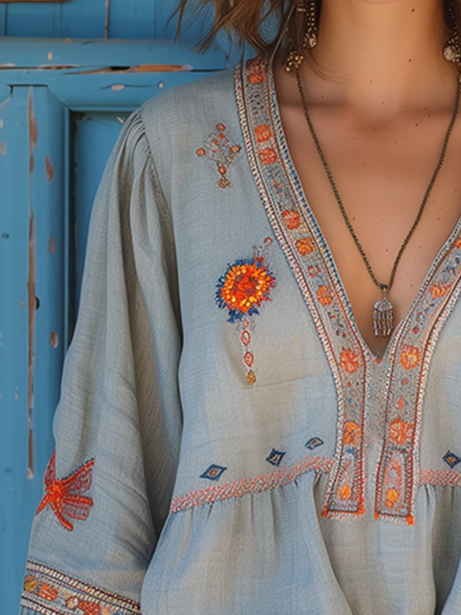 Trendy Festive Summer Airy Embroidery Bohemian Blouse for Women