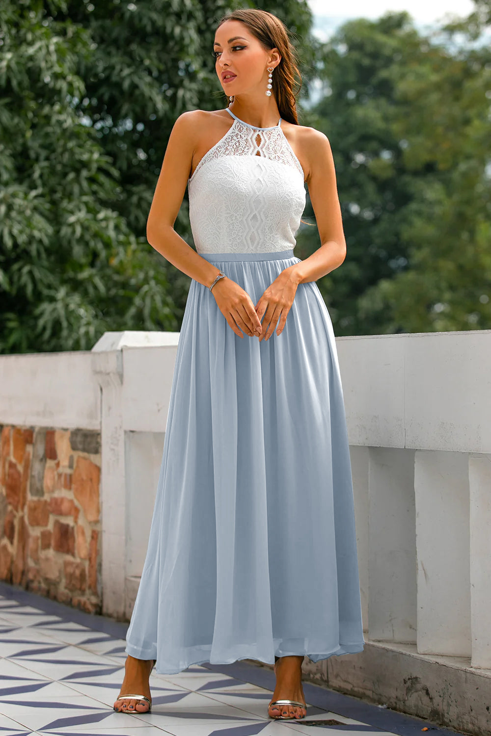 Women's Modern Evening Maxi Wedding Guest Dress with Halter Neckline