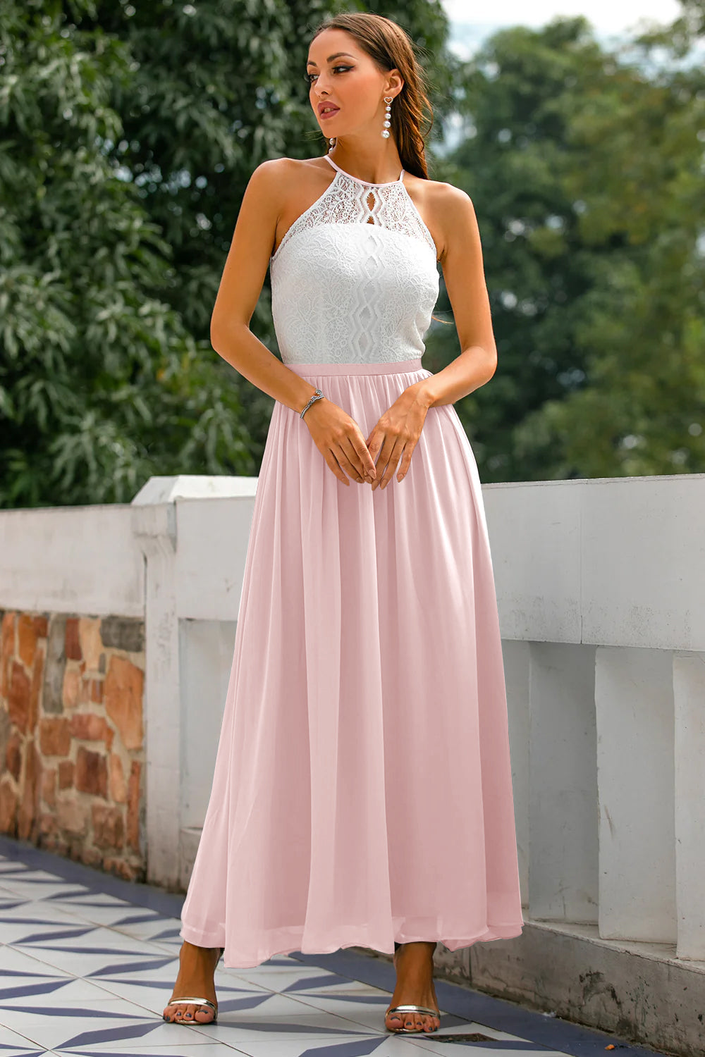 Women's Modern Evening Maxi Wedding Guest Dress with Halter Neckline