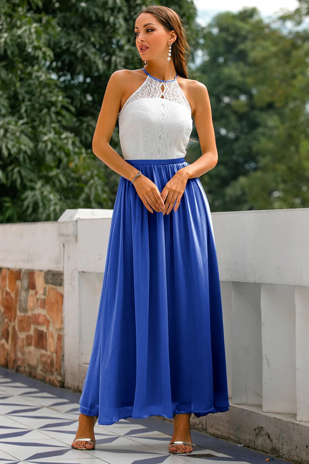 Women's Modern Evening Maxi Wedding Guest Dress with Halter Neckline