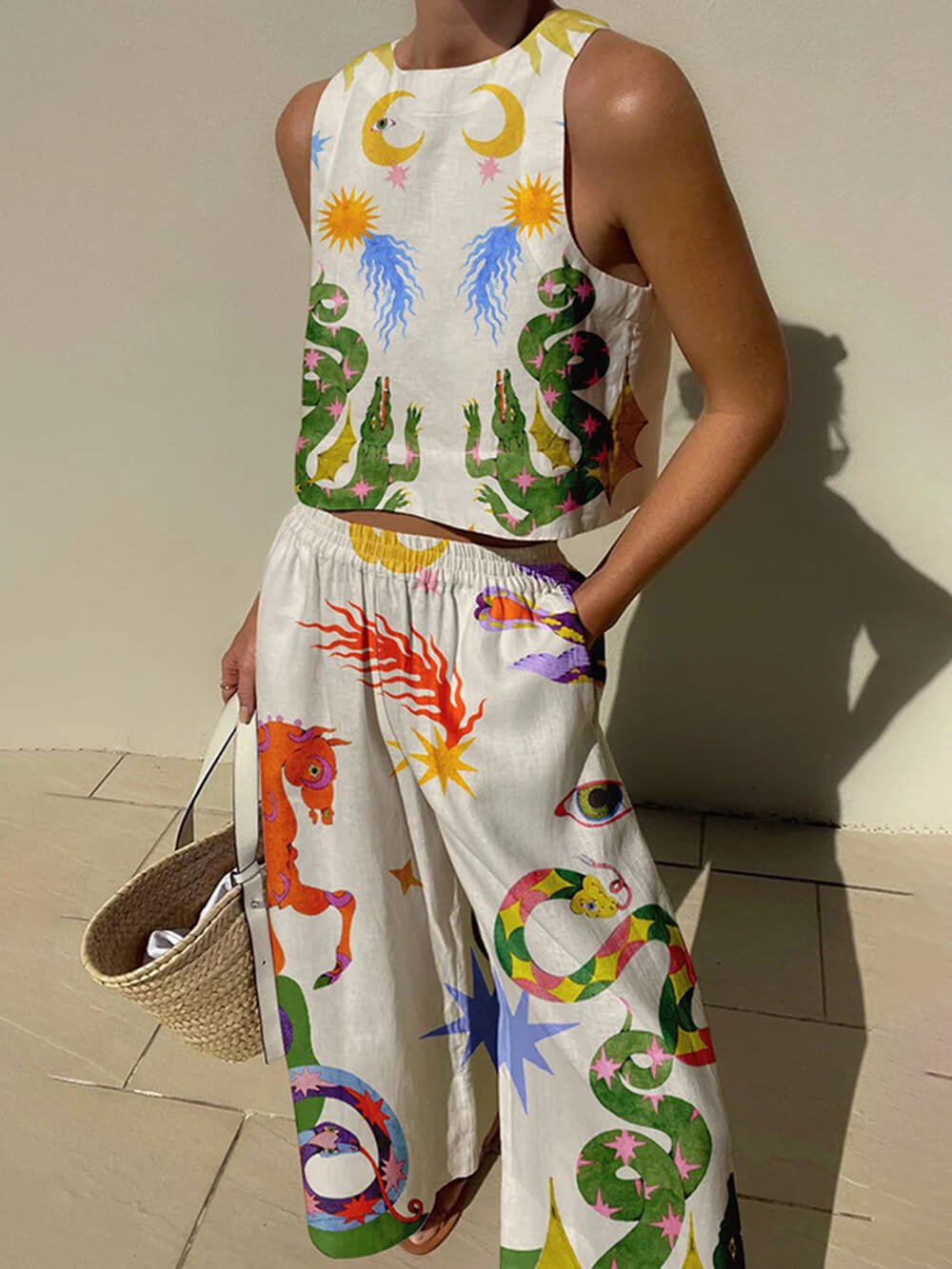 Unique Print Tank And Elastic Waist Pocketed Pants Set - Smith Fashion