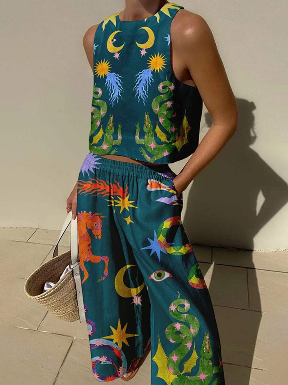 Unique Print Tank And Elastic Waist Pocketed Pants Set - Smith Fashion