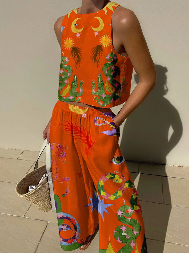 Unique Print Tank And Elastic Waist Pocketed Pants Set - Smith Fashion