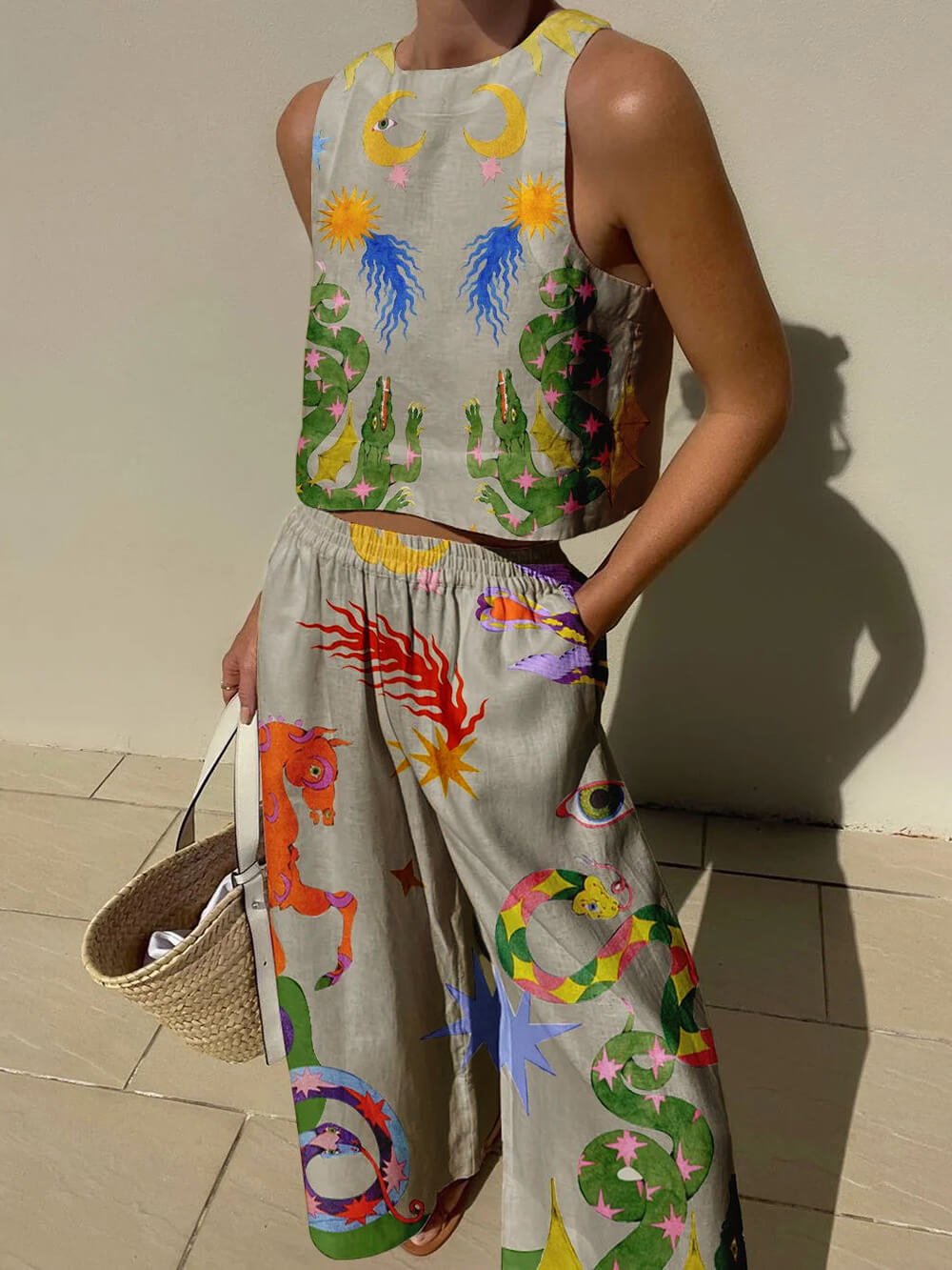 Unique Print Tank And Elastic Waist Pocketed Pants Set - Smith Fashion