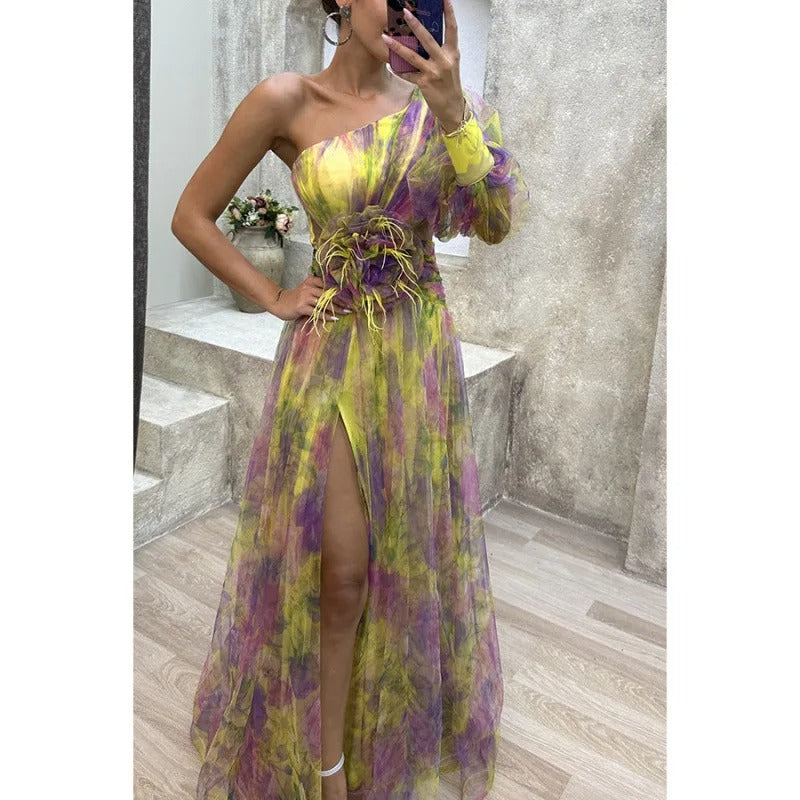 Women's Sunset Asymmetrical Slit Gown Maxi Dress in Sheer Floral Design
